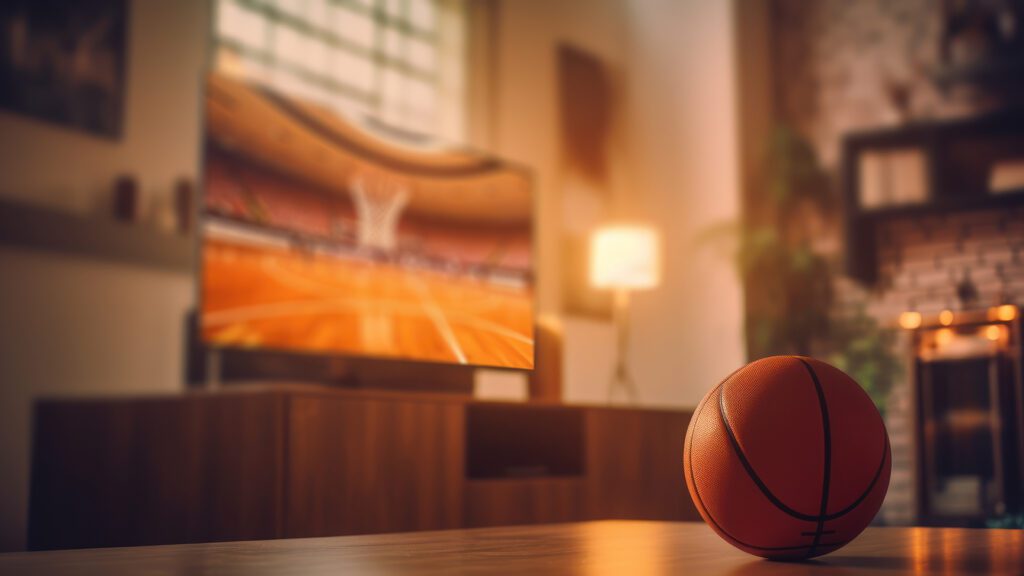 Basketball game displayed on a TV.